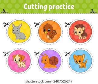 Cutting practice. Educational activity worksheet for kids and toddlers. Game for children. Vector illustration.