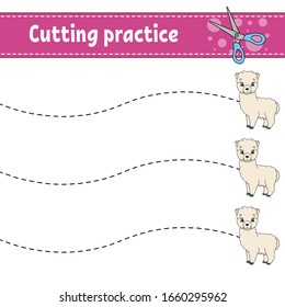 Cutting practice for kids. Animal alpaca. Education developing worksheet. Activity page. Color game for children. Isolated vector illustration. Cartoon character.