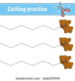 Cutting practice for kids. Animal bear. Education developing worksheet. Activity page. Color game for children. Isolated vector illustration. Cartoon character.