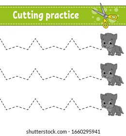 Cutting practice for kids. Animal wolf. Education developing worksheet. Activity page. Color game for children. Isolated vector illustration. Cartoon character.