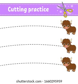 Cutting practice for kids. Animal yak. Education developing worksheet. Activity page. Color game for children. Isolated vector illustration. Cartoon character.