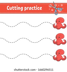 Cutting practice for kids. Aquatic octopus. Education developing worksheet. Activity page. Color game for children. Isolated vector illustration. Cartoon character.