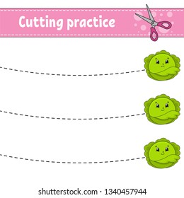 Cutting practice for kids. Education developing worksheet. Activity page with pictures. Game for children. Isolated vector illustration. Funny character. Cartoon style.