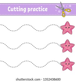 Cutting practice for kids. Education developing worksheet. Activity page with pictures. Game for children. Isolated vector illustration. Funny character. Cartoon style.