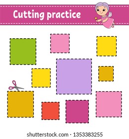 Cutting practice for kids. Education developing worksheet. Activity page with pictures. Game for children. Isolated vector illustration. Funny character. Cartoon style
