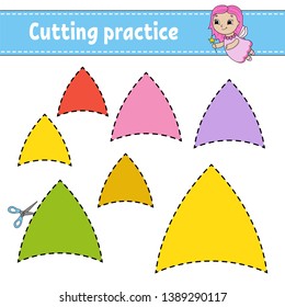 Cutting practice for kids. Education developing worksheet. Activity page with pictures. Game for children. Isolated vector illustration. Funny character. Cartoon style
