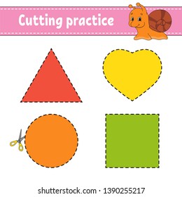 Cutting practice for kids. Education developing worksheet. Activity page with pictures. Game for children. Isolated vector illustration. Funny character. Cartoon style