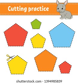 Cutting practice for kids. Education developing worksheet. Activity page with pictures. Game for children. Isolated vector illustration. Funny character. Cartoon style