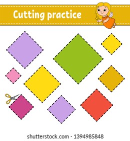 Cutting practice for kids. Education developing worksheet. Activity page with pictures. Game for children. Isolated vector illustration. Funny character. Cartoon style