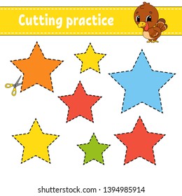 Cutting practice for kids. Education developing worksheet. Activity page with pictures. Game for children. Isolated vector illustration. Funny character. Cartoon style