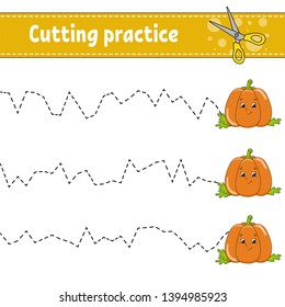 Cutting practice for kids. Education developing worksheet. Activity page with pictures. Game for children. Isolated vector illustration. Funny character. Cartoon style.