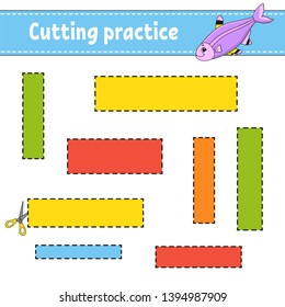 Cutting practice for kids. Education developing worksheet. Activity page with pictures. Game for children. Isolated vector illustration. Funny character. Cartoon style