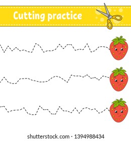 Cutting practice for kids. Education developing worksheet. Activity page with pictures. Game for children. Isolated vector illustration. Funny character. Cartoon style.