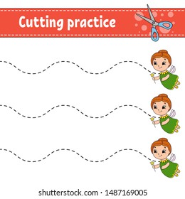 Cutting practice for kids. Education developing worksheet. Activity page with pictures. Game for children. Isolated vector illustration. Funny character. Cartoon style.