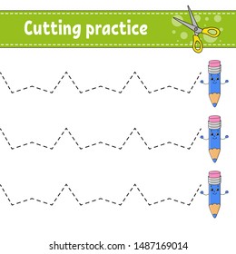 Cutting practice for kids. Education developing worksheet. Activity page with pictures. Game for children. Isolated vector illustration. Funny character. Cartoon style.