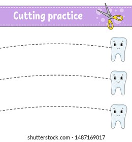 Cutting practice for kids. Education developing worksheet. Activity page with pictures. Game for children. Isolated vector illustration. Funny character. Cartoon style.