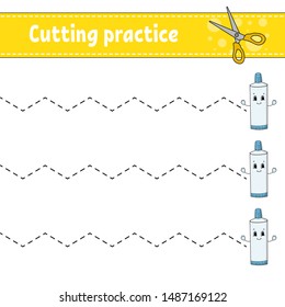 Cutting practice for kids. Education developing worksheet. Activity page with pictures. Game for children. Isolated vector illustration. Funny character. Cartoon style.