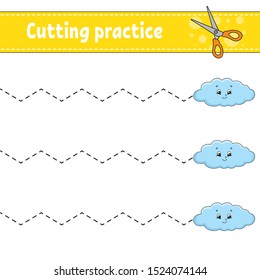 Cutting practice for kids. Education developing worksheet. Activity page with pictures. Game for children. Isolated vector illustration. Funny character. Cartoon style.