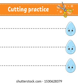 Cutting practice for kids. Education developing worksheet. Activity page with pictures. Game for children. Isolated vector illustration. Funny character. Cartoon style.