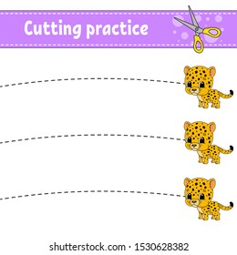 Cutting practice for kids. Education developing worksheet. Activity page with pictures. Game for children. Isolated vector illustration. Funny character. Cartoon style.