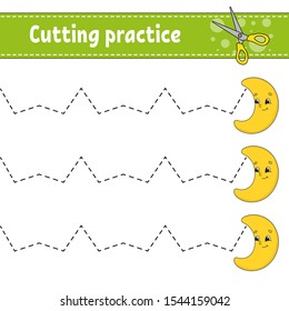 Cutting practice for kids. Education developing worksheet. Activity page with pictures. Game for children. Isolated vector illustration. Funny character. Cartoon style.