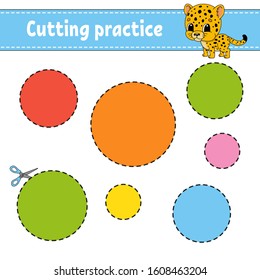 Cutting practice for kids. Education developing worksheet. Activity page with pictures. Color game for children. Isolated vector illustration. Funny character. Cartoon style.