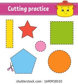 Cutting practice for kids. Education developing worksheet. Activity page with pictures. Color game for children. Isolated vector illustration. Funny character. Cartoon style.