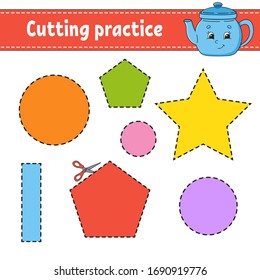 Cutting practice for kids. Education developing worksheet. Activity page with pictures. Color game for children. Isolated vector illustration. Funny character. Cartoon style.