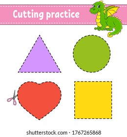 Cutting practice for kids. Education developing worksheet. Activity page with pictures. Color game for children. Isolated vector illustration. Funny character. Cartoon style.