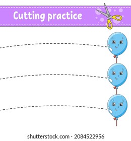 Cutting practice for kids. Education developing worksheet. Activity page. Color game for children. Isolated vector illustration. Coon character.