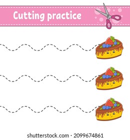 Cutting practice for kids. Education developing worksheet. Activity page. Color game for children. Isolated vector illustration. Coon character.