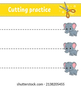 Cutting practice for kids. Education developing worksheet. Activity page. Color game for children. Isolated vector illustration. cartoon character. Animal theme.