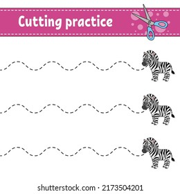 Cutting practice for kids. Education developing worksheet. Activity page. Color game for children. Isolated vector illustration. cartoon character. Animal theme.