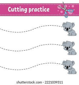 Recortar la práctica para los niños. Educación desarrollando hoja de trabajo. Actividad. Juego de colores para niños. Ilustración vectorial aislada. personaje de dibujos animados.