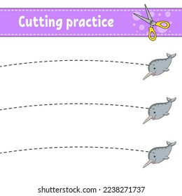 Cutting practice for kids. Education developing worksheet. Activity page. Color game for children. Isolated vector illustration. cartoon character.