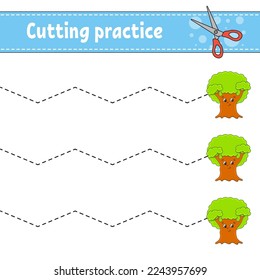 Cutting practice for kids. Education developing worksheet. Activity page. Color game for children. Isolated vector illustration. cartoon character.