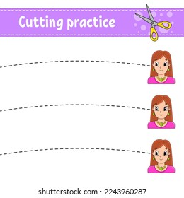 Cutting practice for kids. Education developing worksheet. Activity page. Color game for children. Vector illustration.
