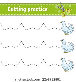 Cutting practice for kids. Education developing worksheet. Activity page. Color game for children. Isolated vector illustration. cartoon character.