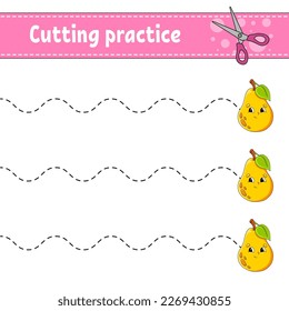 Recortar la práctica para los niños. Educación desarrollando hoja de trabajo. Actividad. Juego de colores para niños. Ilustración vectorial.