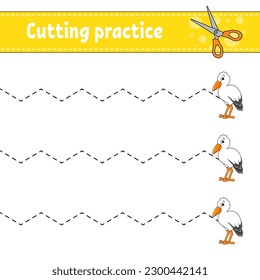 Cutting practice for kids. Education developing worksheet. Activity page. Color game for children. Vector illustration.