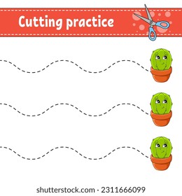 Cutting practice for kids. Education developing worksheet. Activity page. Color game for children. Vector illustration.