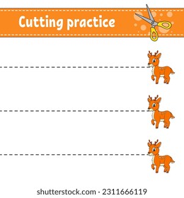Cutting practice for kids. Education developing worksheet. Activity page. Color game for children. Isolated vector illustration. cartoon character.