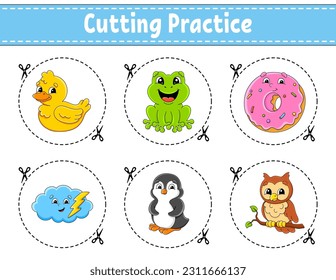 Cutting practice for kids. Education developing worksheet. Activity page. Vector illustration.