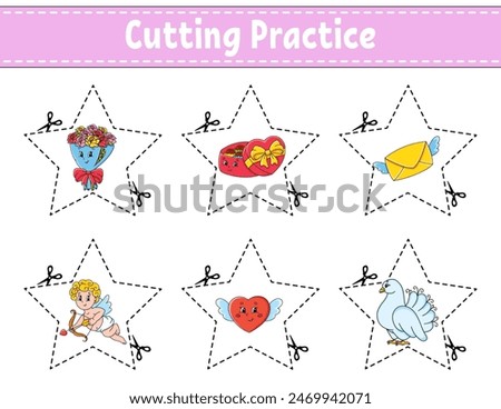 Cutting practice for kids. Education developing worksheet. Activity page. Vector illustration.