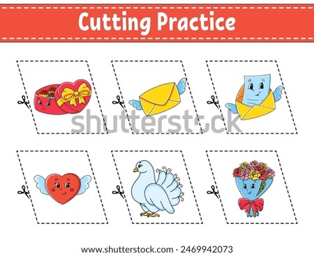 Cutting practice for kids. Education developing worksheet. Activity page. Vector illustration.