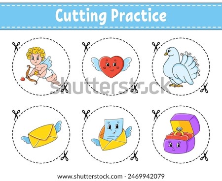 Cutting practice for kids. Education developing worksheet. Activity page. Vector illustration.