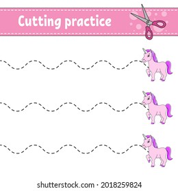 Cutting practice for kids. Fairytale theme. Education developing worksheet. Activity page. Color game for children. Isolated vector illustration. Cartoon character.