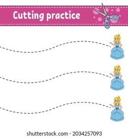 Cutting practice for kids. Fairytale theme. Education developing worksheet. Activity page. Color game for children. Isolated vector illustration. Cartoon character.