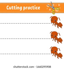 Cutting practice for kids. Insect ant. Education developing worksheet. Activity page. Color game for children. Isolated vector illustration. Cartoon character.