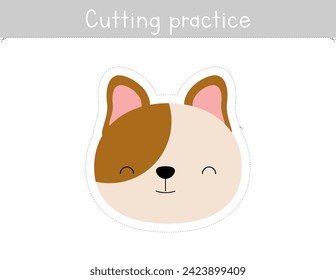Cutting practice for kids worksheet. Educational game for children. Scissor skills activity for school and homeschool. Cute dog